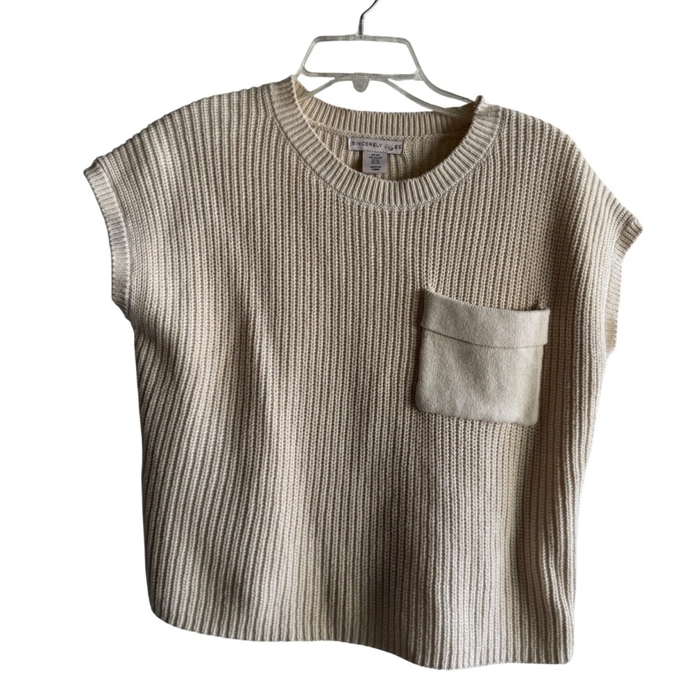 Sincerely Jules Womens Cream Ribbed Knit‎ Sweater Vest Chest Pocket XS